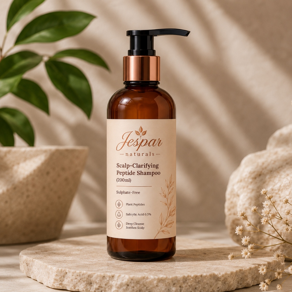 Jespar Scalp-Clarifying Peptide Shampoo 200ml Amber Pump Bottle Redesigned Master Render